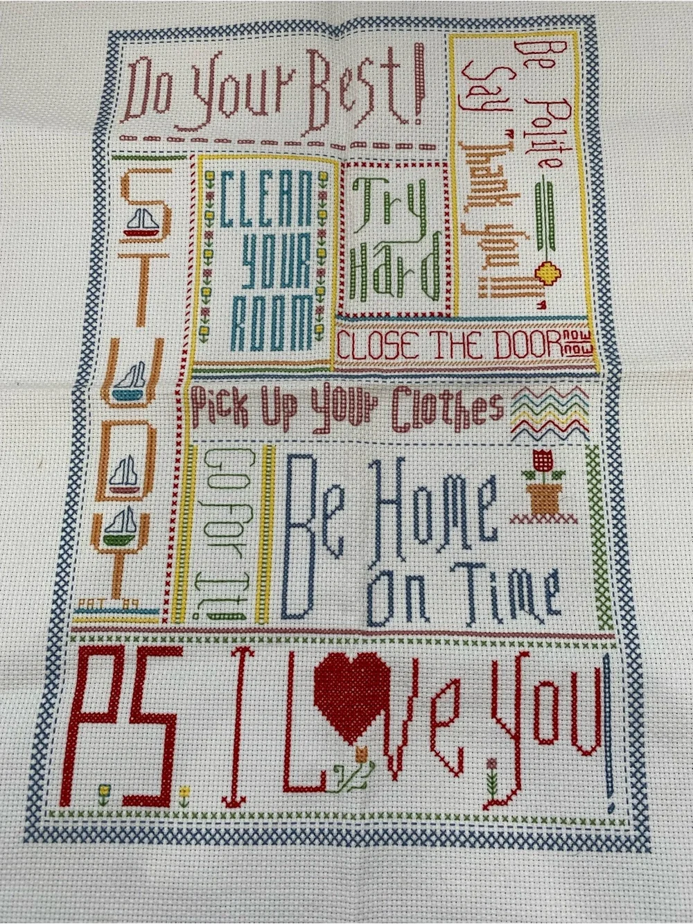 Handmade Cross Stitch Message Sampler - Red Heart Accent